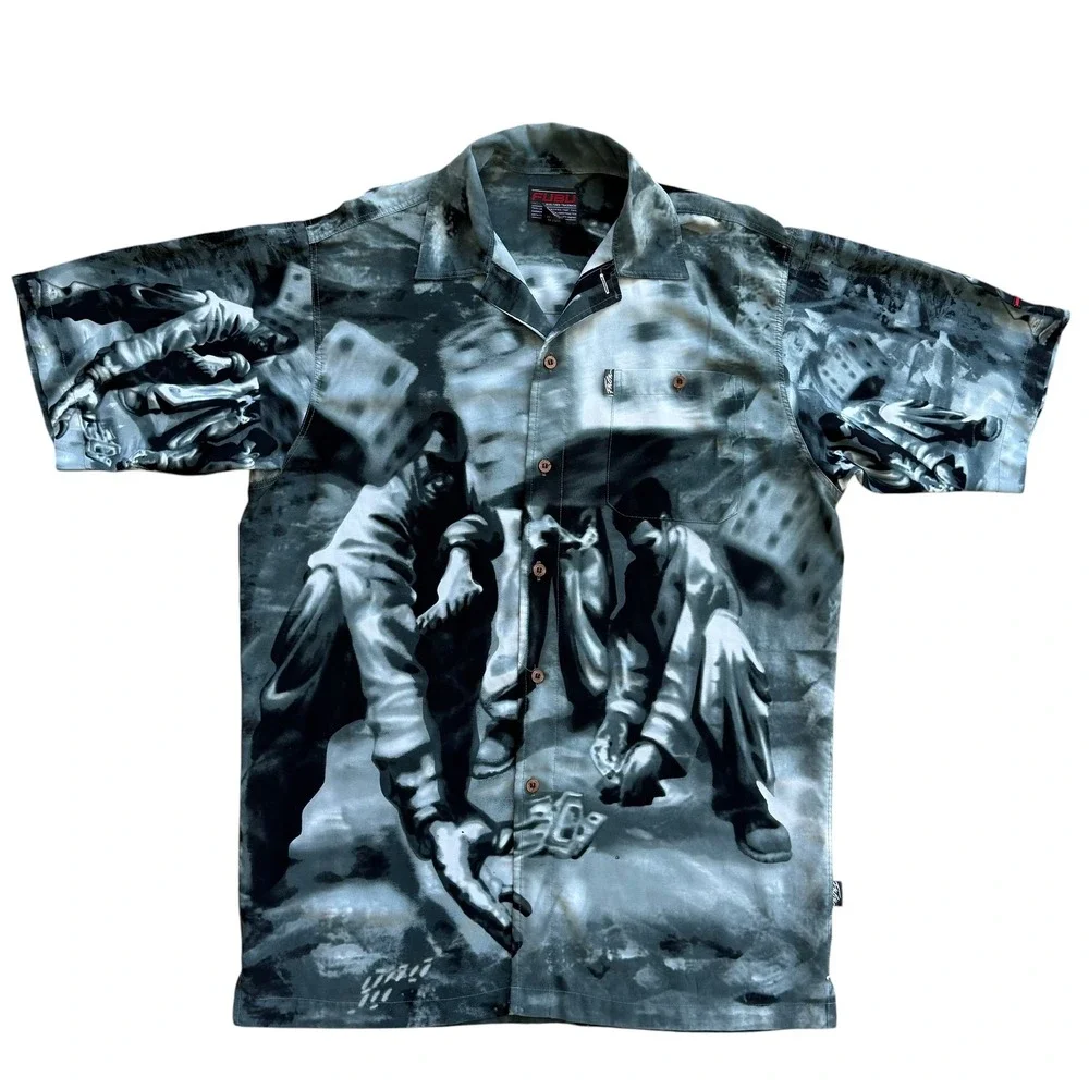 Vintage FUBU Mens Dice Game Graphic Shirt Gray Black Short Sleeve Button Up L‎